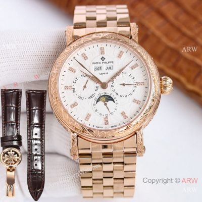 Swiss Clone Patek Philippe Engraving Perpetual Calendar watch Rose Gold 42